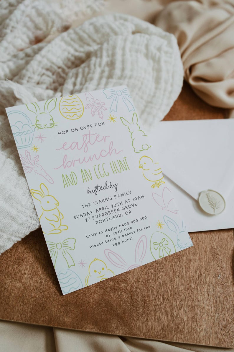 May include: A white card with a colorful illustration of bunnies, chicks, and eggs. The text reads "Hop on over for Easter brunch and an egg hunt, hosted by The Yiannis Family, Sunday April 20th at 10am, 27 Evergreen Grove, Portland, OR. RSVP to Haylie 0400 000 000 by April 15th. Please bring a basket for the egg hunt!"