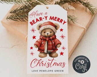 Beary Merry Christmas Gift Tag Template, Printable Cute Teddy Holiday Favor Tag, Editable School Kids Christmas Tag, Digital Download