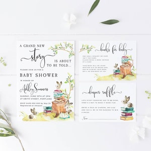 May include: A baby shower invitation with a woodland theme. The invitation features a stack of books with a bunny rabbit sitting on top. The text on the invitation reads "A Grand New Story is About to Be Told..." and "Please Join Us for a Baby Shower in Honor of Ashley Summers".