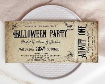 Halloween Party Ticket Invitation Template, Printable Antique Halloween Invite, Editable Spooky Costume Party Invitation, Digital Download