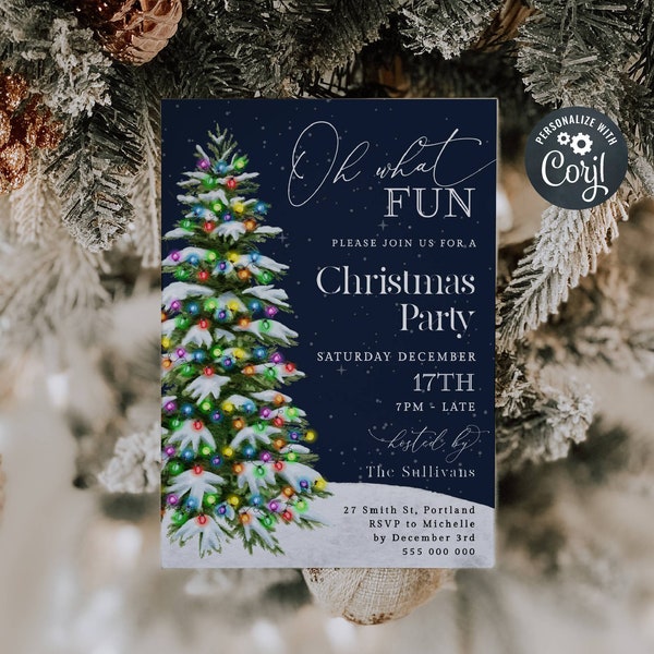 Oh What Fun Christmas Invitation Template, Printable Christmas Tree Holiday Party Invite, Editable Elegant Xmas Invite, Instant Download