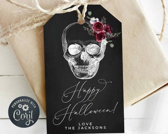 Modello di etichetta regalo di Halloween con teschio floreale, etichette classiche modificabili per bomboniere spettrali, etichette di Halloween eleganti e stampabili, download digitale, #H6