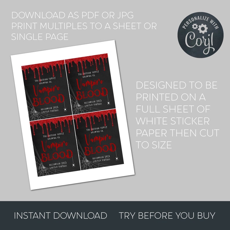 Vampire Blood Halloween Wine Bottle Label Template, Printable Spooky ...