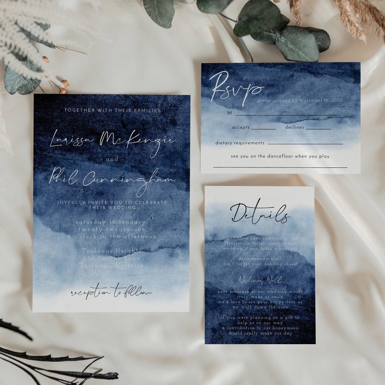 Navy Ombre Watercolor Wedding Invitation Set Template, Printable Dark Blue Invite Suite, Editable Details, RSVP, Instant Download WC1 image 5