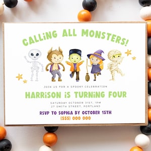 Halloween Kids Birthday Invitation Template, Printable Calling All Monsters Costume Party Invite, Editable Spooky Invite, Instant Download