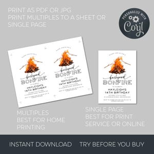 May include: Printable invitation for a backyard bonfire party. The invitation features a watercolor illustration of a campfire with a text overlay that says "Backyard Bonfire" and "Hayleigh's 14th Birthday".