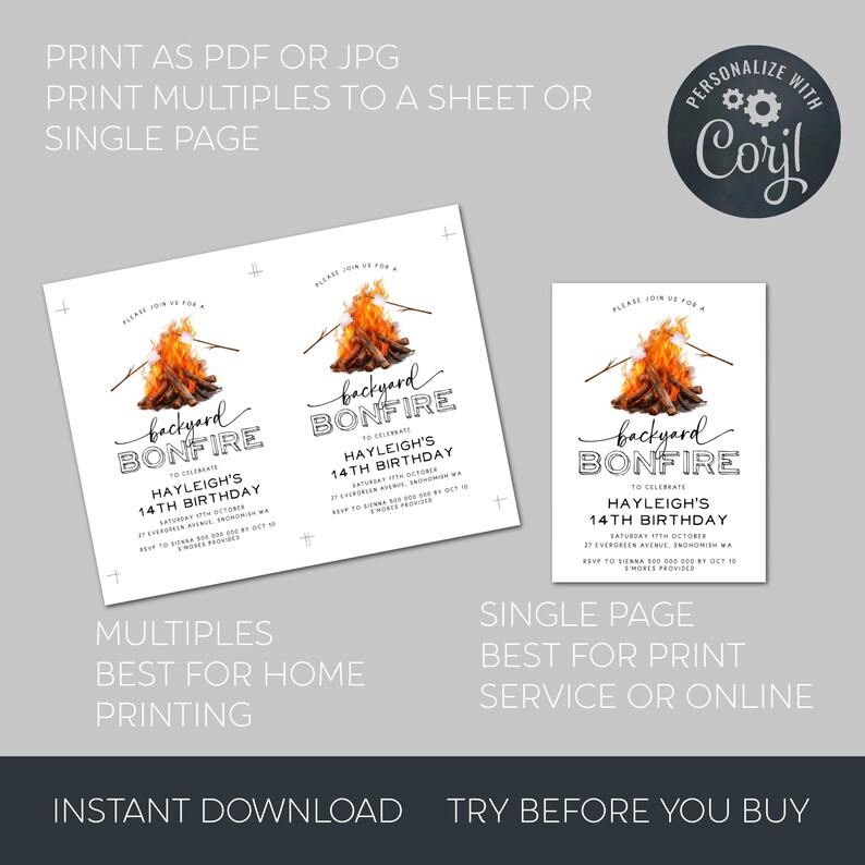 May include: Printable invitation for a backyard bonfire party. The invitation features a watercolor illustration of a campfire with a text overlay that says "Backyard Bonfire" and "Hayleigh's 14th Birthday".