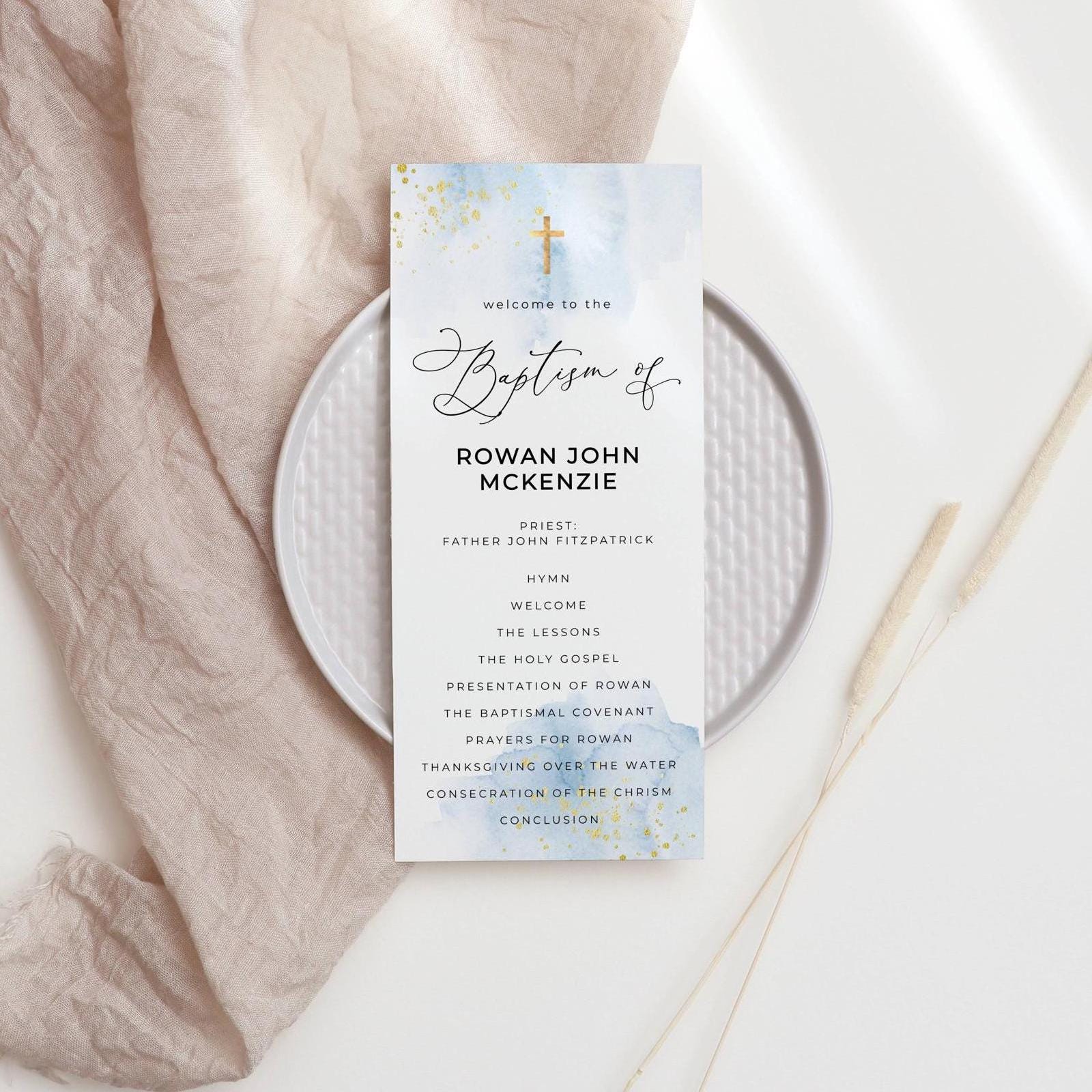 Baby Blue Baptism Program Template, Printable Watercolor Christening ...