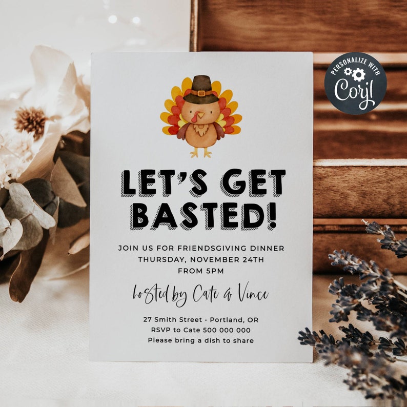 Let's Get Basted Friendsgiving Invitation Template, Printable Turkey Thanksgiving Dinner Invite, Editable Potluck Invite, Instant Download image 1