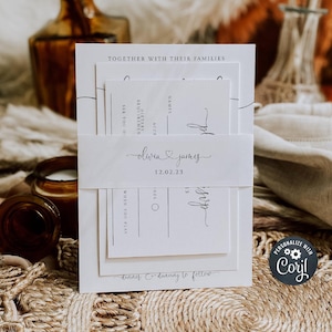 May include: A white wedding invitation suite with a simple design. The invitation features the names "Olivia & James" and the date "12.02.23". The RSVP card includes the text "When you play" and "dinner & dancing to follow".
