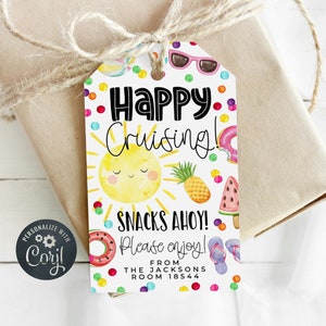 Modello per etichetta regalo "Happy Cruising", etichette regalo stampabili per l'estensione estiva del pesce, etichette modificabili per lo scambio di snack in vacanza, download immediato