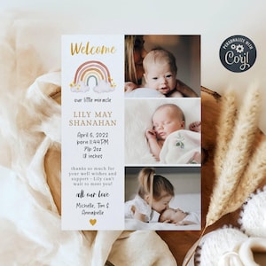 Plantilla de anuncio de nacimiento de bebé arcoíris, tarjeta con foto para recién nacidos imprimible, anuncio de nacimiento editable de Our Little Miracle, descarga instantánea
