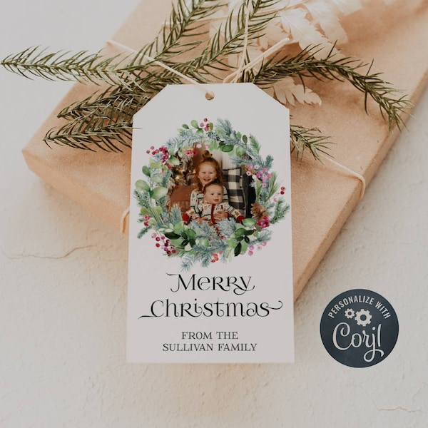 Holiday Photo Gift Tag Template, Printable Merry Christmas Photograph Tag, Editable Greenery Floral Wreath Tag, Instant Download