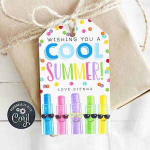 May include: A gift tag with the text "Wishing You A Cool Summer!" in blue, pink, and yellow. The tag features colorful confetti and illustrations of popsicle-shaped characters wearing sunglasses. The tag is tied to a wrapped gift with twine.