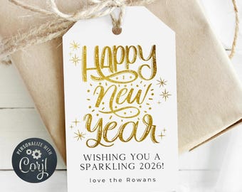 Happy New Year Gift Tag Template, Printable New Year's Eve Party Favor Tag, Editable Modern Minimalist Script NYE Tag, Digital Download