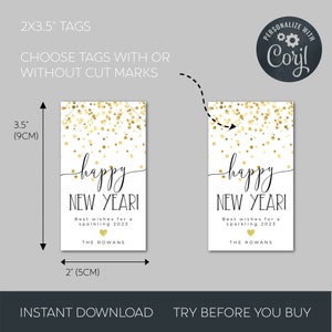Puede incluir: Dos etiquetas de regalo imprimibles de 2x3,5 pulgadas con un fondo de confeti dorado y el texto "happy NEW YEAR!" con las palabras "Mejores deseos para un 2023 brillante" y "THE ROWANS".