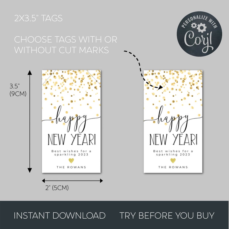Puede incluir: Dos etiquetas de regalo imprimibles de 2x3,5 pulgadas con un fondo de confeti dorado y el texto "happy NEW YEAR!" con las palabras "Mejores deseos para un 2023 brillante" y "THE ROWANS".