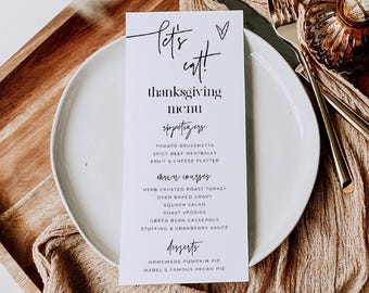Minimal Thanksgiving Menu Template, Printable Modern Hearts Friendsgiving Menu Cards, Editable Simple Dinner Menu, Digital Download, #HT