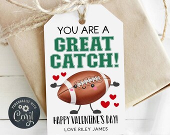 Football Valentine Gift Tag Template, Printable You Are A Great Catch Favor Tags, Editable School Class Valentine's Tags, Digital Download