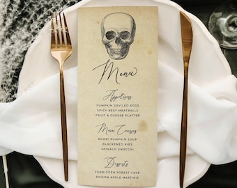 Halloween Vintage Skull Menu Template, Printable Spooky Dinner Party Menu, Editable Gothic Halloween Table Decor, Digital Download, #VS