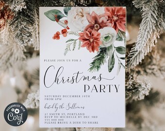 May include: A Christmas party invitation with a watercolor floral design in shades of red, white, and green. The text reads "Please join us for a Christmas Party, Saturday December 19th from 6pm, hosted by the Sullivans, 27 Smith St, Portland, RSVP to Michelle by Dec 3rd, 555 000 000, Please bring a dish to share."