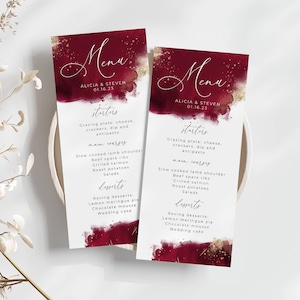 Burgundy Watercolor Menu Template, Printable Maroon &amp; Gold Wedding ...