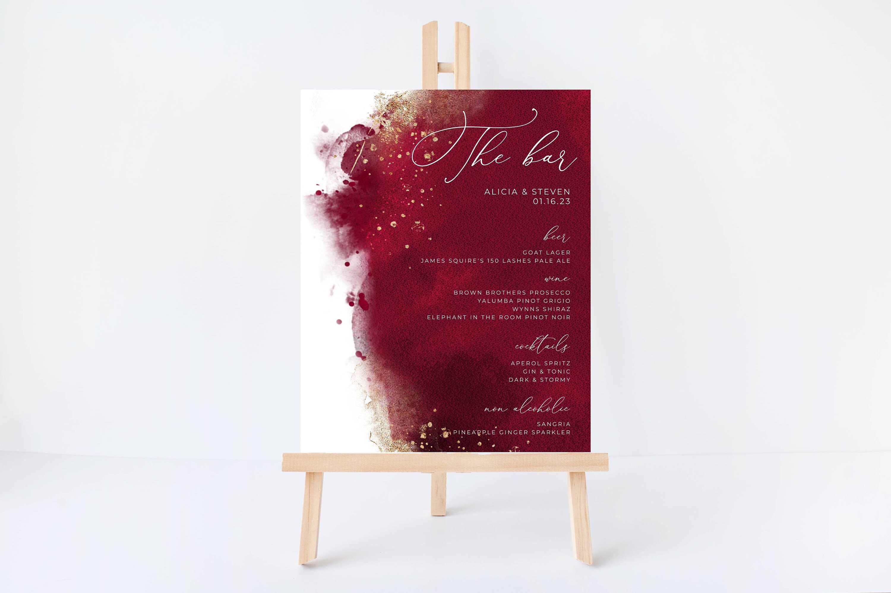 Burgundy Watercolor Bar Menu Template Printable Maroon &amp; Gold | Etsy
