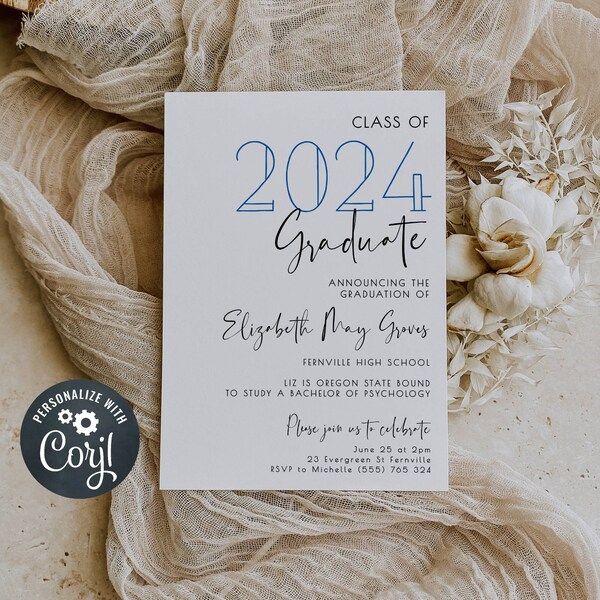 Any Color Minimalist 2024 Graduate Announcement Card, Printable Graduation Invitation Template, Editable Grad Party Invite, Instant Download