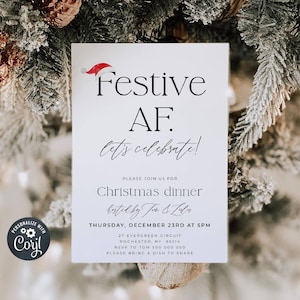 Op de afbeelding: Een witte kerstfeestuitnodiging met een rode kerstmanmuts-afbeelding. De uitnodiging luidt "Festive AF. Let's celebrate!" en bevat details over het evenement, inclusief de datum, tijd, locatie en RSVP-informatie.