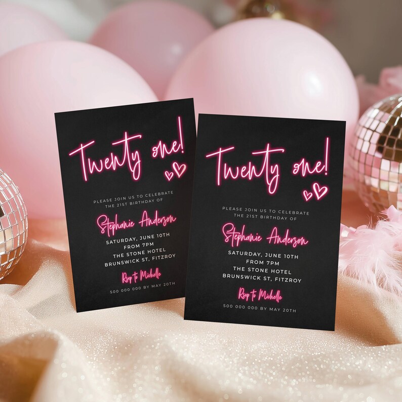 Neon 21st Birthday Party Invitation Template, Printable Twenty One Invite, Editable Modern Neon Sign Invite, Any Age Party, Digital Download image 4
