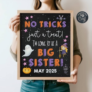 Plantilla de anuncio de embarazo de hermana mayor de Halloween, cartel de revelación de bebé de octubre imprimible, letrero de pizarra editable, descarga instantánea