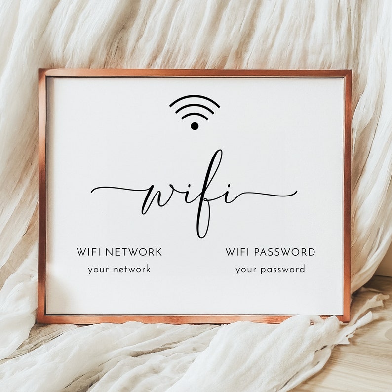 May include: A framed white sign with a copper-colored border. The sign features the word "wifi" in a cursive font, along with a wifi symbol and prompts for "WIFI NETWORK" and "WIFI PASSWORD".