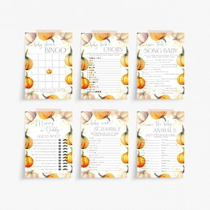 May include: Six printable baby shower game cards featuring a fall theme with pumpkins and white and gold accents. The games include: Baby Shower Bingo, Baby Book Emojis, Name That Song Baby, Mommy or Daddy Guess Who, Baby Word Scramble, and Name the Baby Animals.