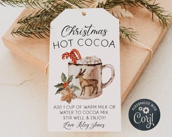 Plantilla de etiqueta de regalo de chocolate caliente navideño, etiquetas imprimibles para regalar en Navidad, etiquetas editables de agradecimiento para profesores, descarga instantánea