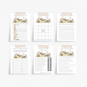 May include: A set of printable baby shower game cards featuring a woodland theme with a baby deer and a baby fox. The games include "Baby Bookictionary", "Name the Baby Animals", "Mommy or Daddy", "Name That Song Baby", and "Baby Scramble".
