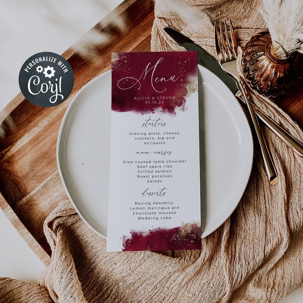 Burgundy Watercolor Menu Template, Printable Maroon & Gold Wedding Table Menu Cards, Editable Modern Dinner Menus, Instant Download, #WC2