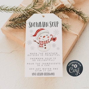 Snowman Soup Christmas Gift Tag Template, Printable Holiday Favor Tag, Editable Snowman Hot Chocolate Instructions, Instant Download