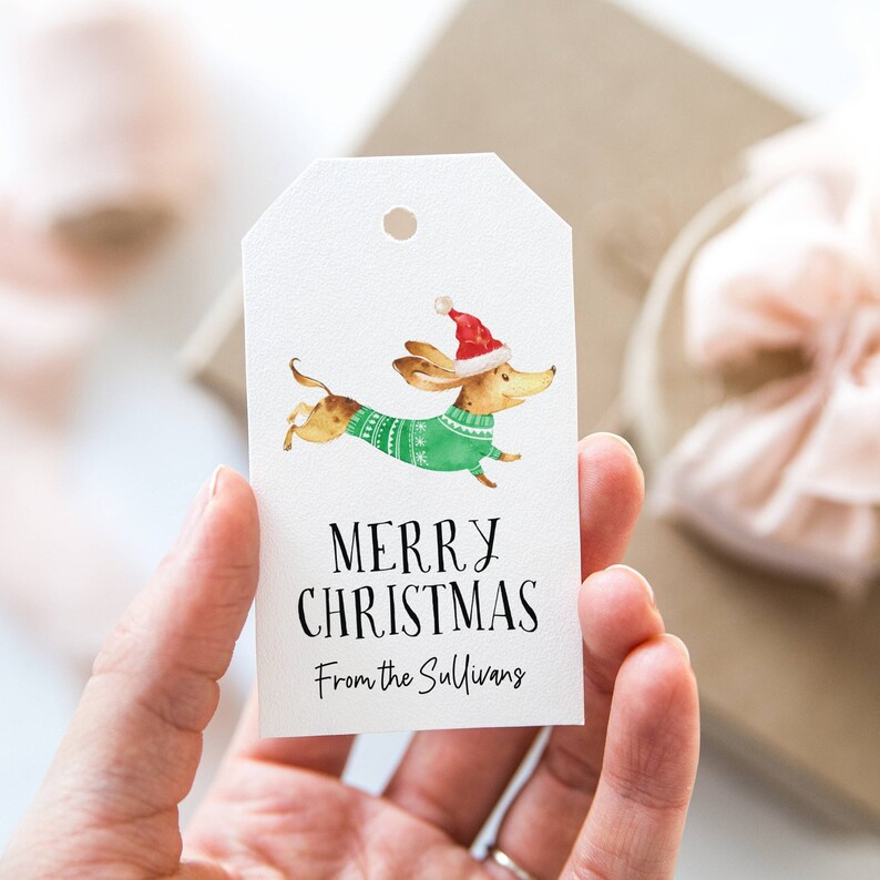 May include: White gift tag with a watercolor illustration of a dachshund wearing a green sweater and a red Santa hat. The text "Merry Christmas" and "From the Sullivans" is printed on the tag.