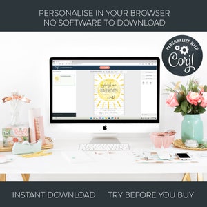 May include: A computer screen displaying a website with a yellow and white sun graphic with the text "Sunshine Harrison one!"  The website is for customizing and personalizing digital designs. The text "Personalize with Coril" is on a black chalkboard with a gear icon.