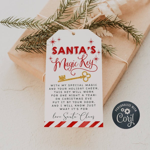 Editable Santa's Magic Key Tag Template, Printable Christmas Eve Magical Key Favor Tag, Kids Christmas Eve Gift Box Tag, Instant Download