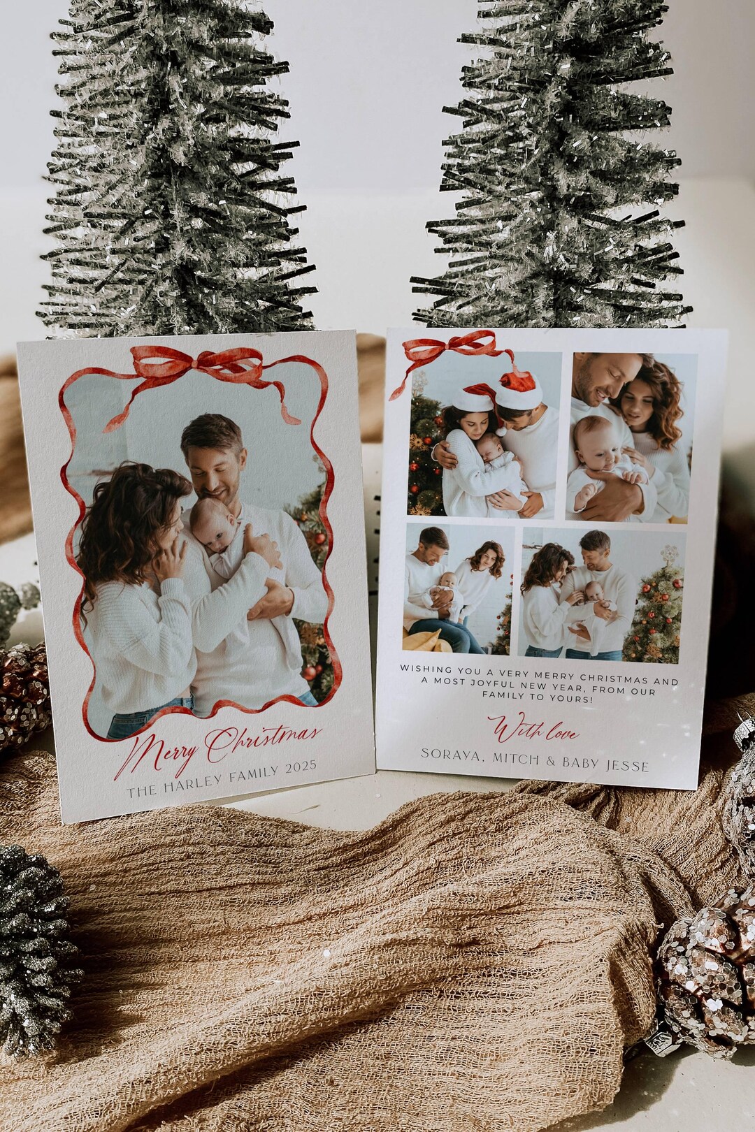 Red Bow Holiday Card Template, Printable Family Photo Christmas Card ...