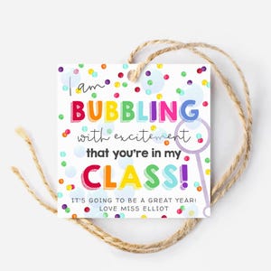 Bubbles Back To School Gift Tag Template, Printable Bubbling With Excitement Favor Tags, Editable First Day Square Tags, Instant Download