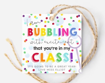 Bubbles Back To School Gift Tag Template, Printable Bubbling With Excitement Favor Tags, Editable First Day Square Tags, Digital Download
