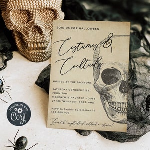 Vintage Skull Halloween Invitation Template, Printable Halloween Party Invite, Editable Costumes And Cocktails Invite, Instant Download, #VS