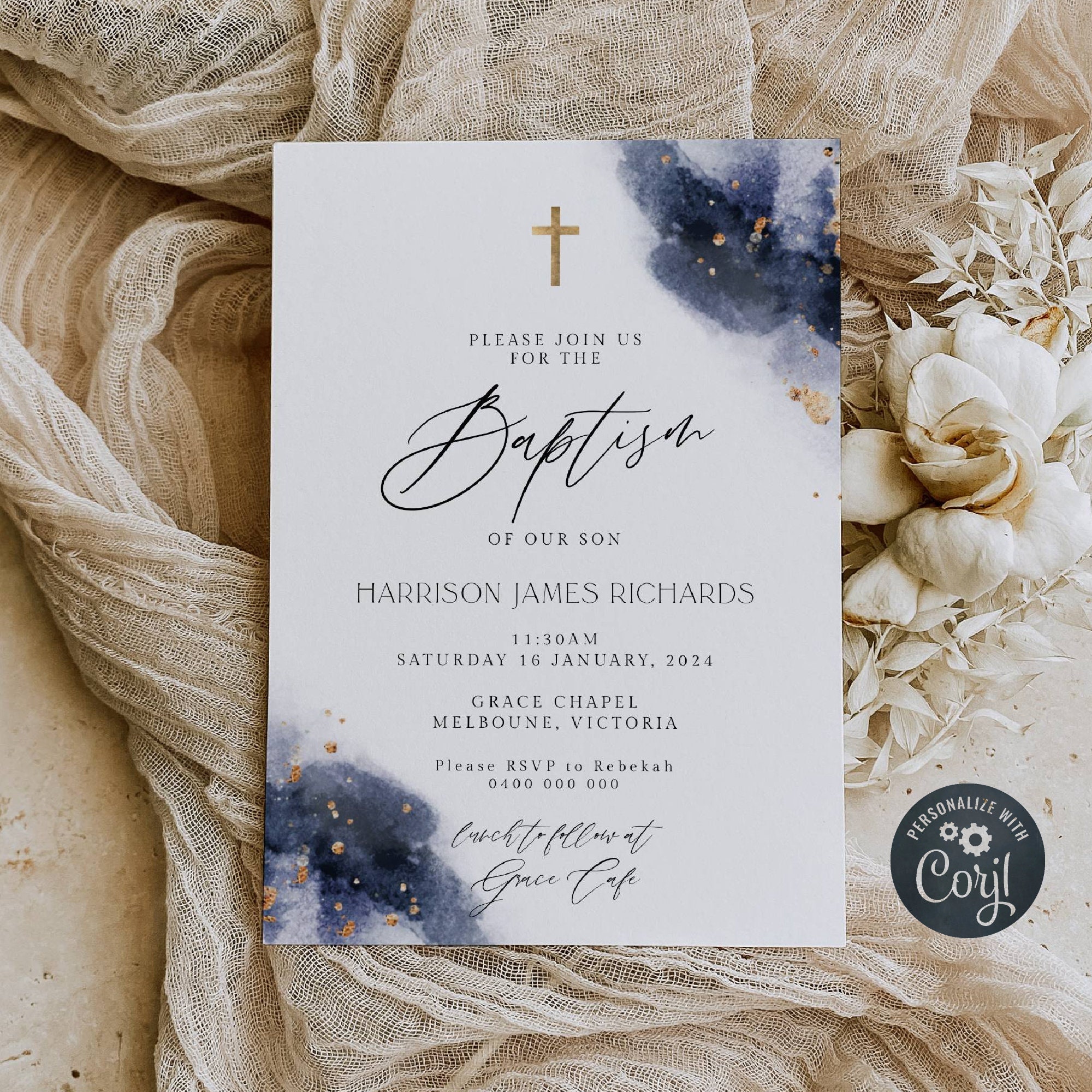 Navy & Gold Baptism Invitation Template, Printable Modern Boy Christening Invite, Editable Simple Dedication Invite, Instant Download, #NB