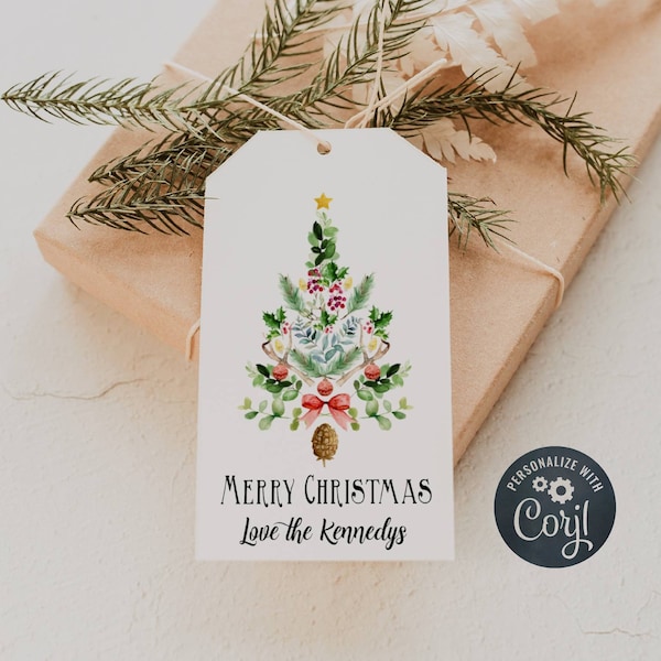 Christmas Tree Gift Tag Template, Printable Holiday Party Favor Tag, Editable Abstract Christmas Tree Present Tag, Instant Download