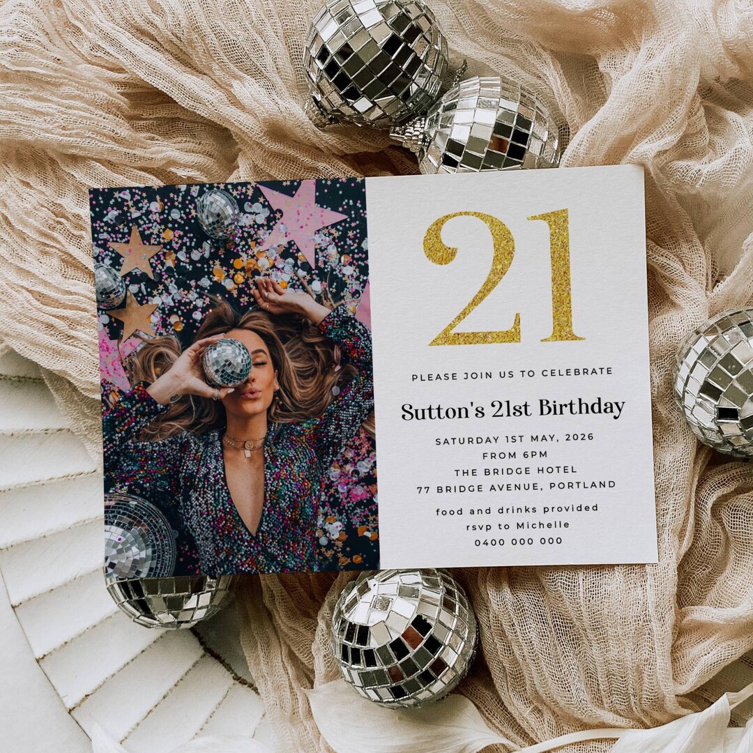 Editable 21st Birthday Photo Invitation Template, Printable Gold ...