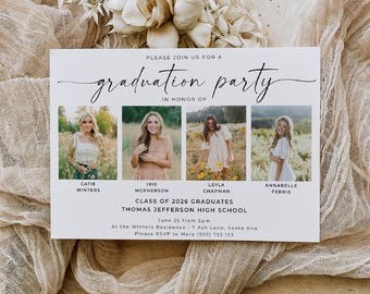 Four Person Graduation Invitation Template, Printable Joint Photo Friends Graduate Announcement, Editable Multiple Grads, Digital Download