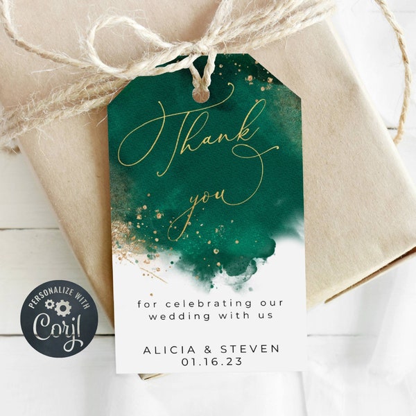 Emerald Watercolor Favor Tag Template, Printable Hunter Green & Gold Wedding Gift Tags, Editable Modern Thank You Tag, Instant Download #WC4