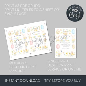 May include: Two Easter-themed invitation designs. One shows multiple invitations on a sheet, the other a single invitation. Both feature watercolor illustrations of Easter eggs, bunnies, and flowers. Text includes "Easter Egg Hunt" and event details.